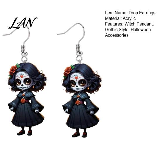 Cartoon Witch Earrings Halloween Earrings, Gothic Drop Lightweight Acrylic Pendant Day of The Dead for Women Girls Accessories Eye-catching