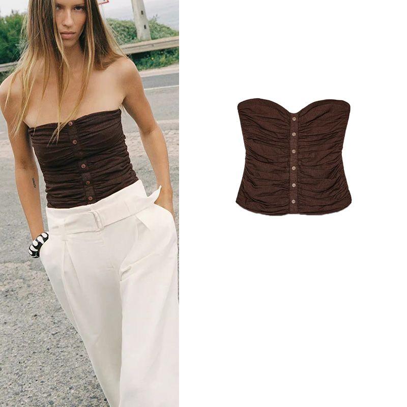 Summer Women's Strapless Straight Collar Decorated Row Button Linen Blend Ruched Corset Style Tops 8372074