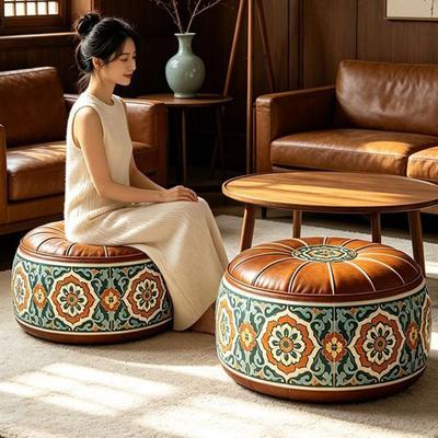 PU-Leder Aufbewahrungs-Ottomane Besticktes Muster Runder Pouf-Bezug Füllbarer Ottomanen-Pouf Wohnzimmer