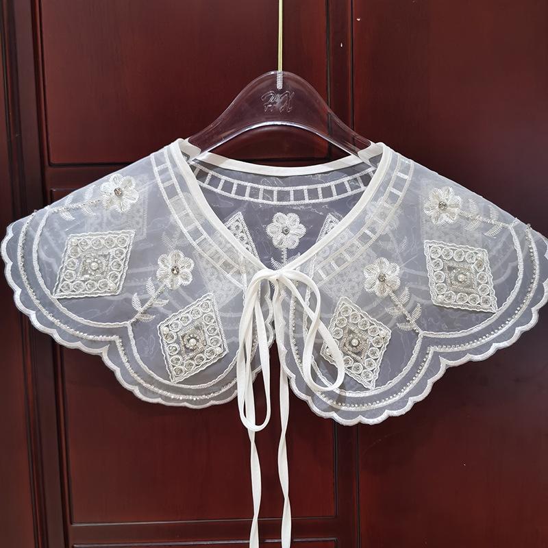 Organza Double Couche Broderie Ordinateur Faux Col à Sangle Nœud Châle Polyvalent Col DIY