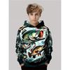Boys' hooded pullover - long sleeved casual hoodie with dark green fishing bait pattern