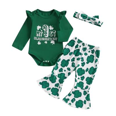 Baby Girls Irish Day Outfits Shamrock Print Long Sleeves Romper and Elastic Flared Pants Headband Set 3 Piece Clothes