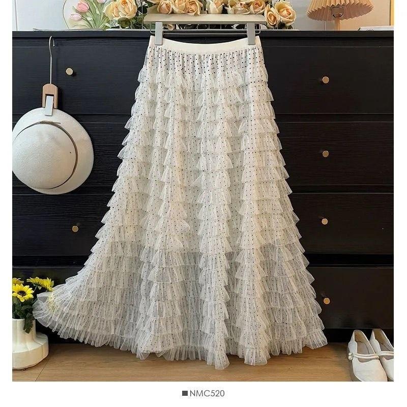 Qooth Polka Dot Tulle Tiered Cake Maxi Skirt A-Line Long Skirt Slimming QT2897