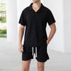 Tricou Casual Respirabil de Vară pentru Bărbați Cămașă Culoare Solidă cu Guler Cuban pentru Bărbați Set de Pantaloni Scurți