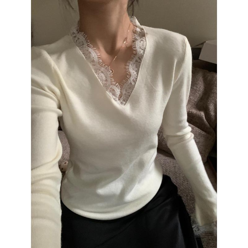 Light ripe style lace collar flared sleeve knitted sweater soft waxy sweater women's autumn and winter slim-fitting inner long-sleeved bottoming top