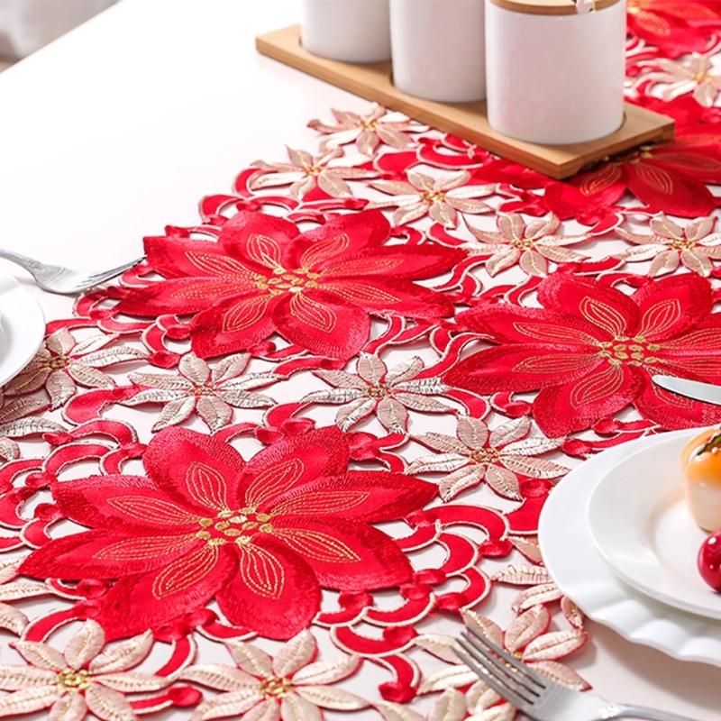 Linen Table Runner Long Embroidered Rustic Table Linen Flower Pattern Hollow Table Cover Dining Room Decoration Home Use
