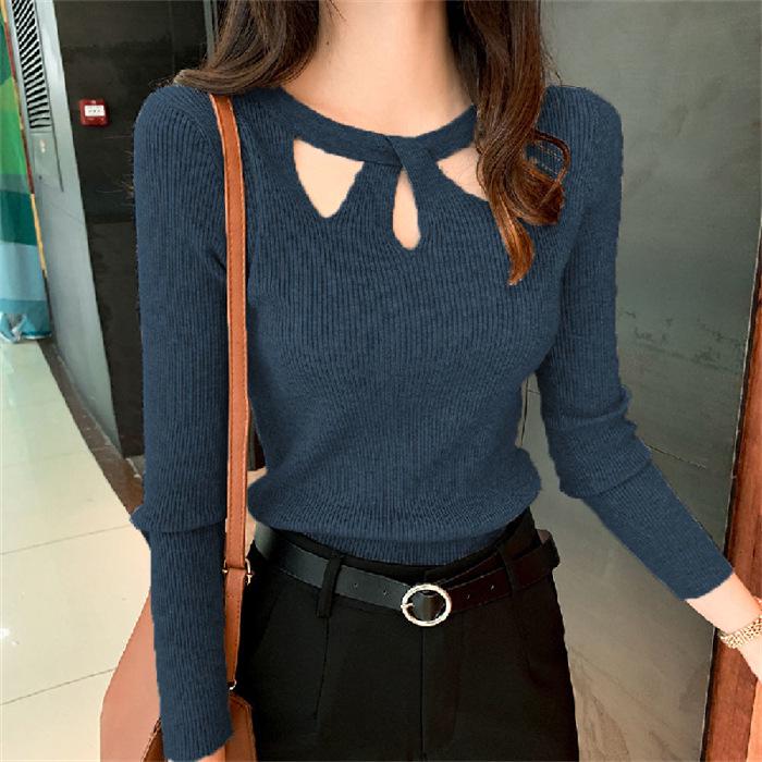 Autumn Cutout Halter Neck Knitted Pullover - Women's Slimming Long Sleeve Sweater