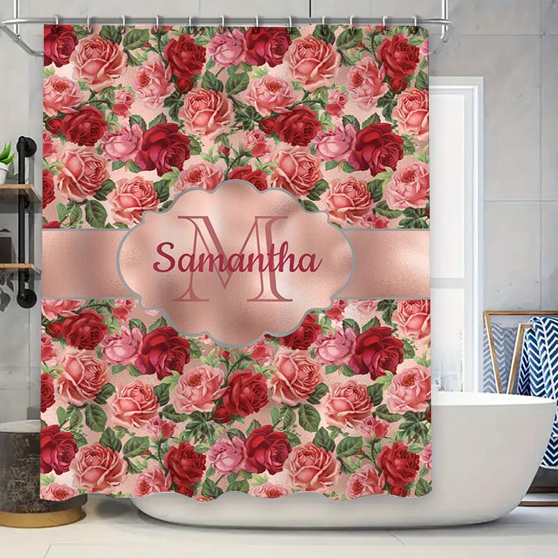 

Personalized Monogrammed Shower Curtain with Roses Print, Custom Name Added for Bathroom Decor Red Pink Floral Design, Washable 90x180cm