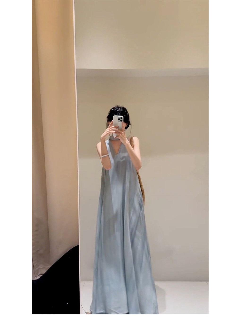 2026 French Blue Sleeveless Camisole Dress for Women - Summer Beach Fairy Style S