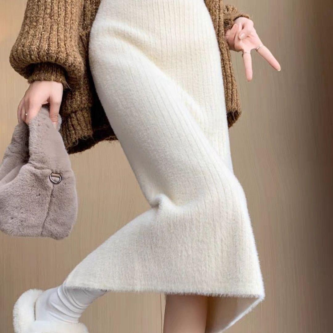 

Зимняя теплая флисовая юбка с подкладкой женская миди облегающая прямая вязаная большого размера с высокой талией и разрезом длинная юбка S