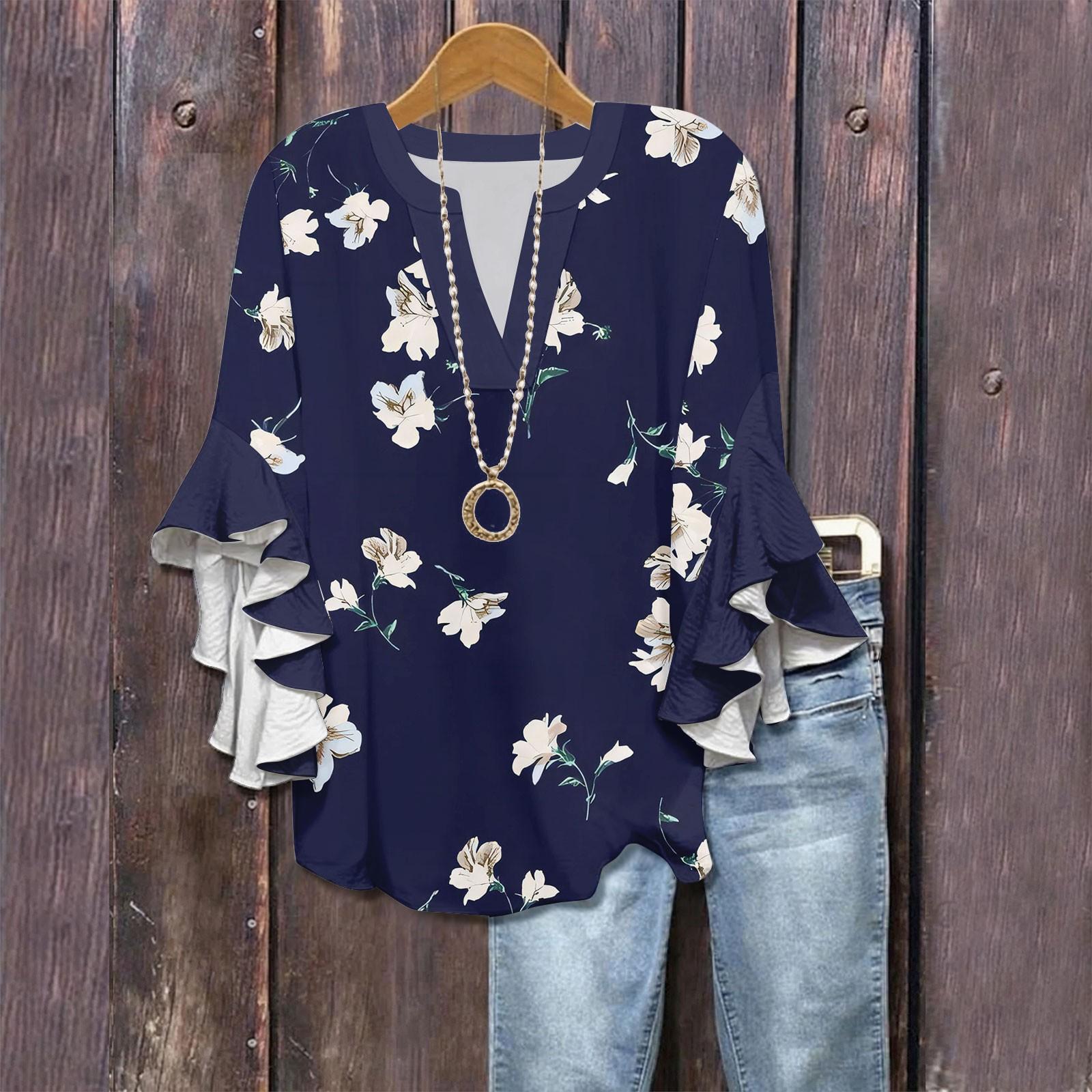 

Сорочки з рукавом 3/4 для жінок Милі футболки з графічним принтом Блузки Повсякденні великих розмірів Базові топи з рукавами-рюшами Пуловер L