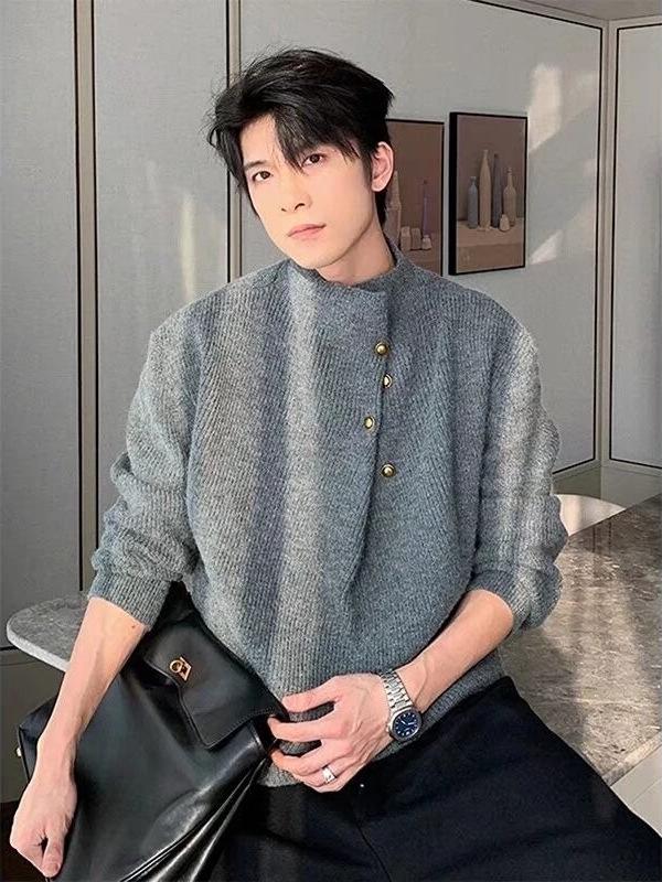 High Neck Solid Color Men's Sweater - Irregular Button Design, Youthful Loose Fit Knitwear