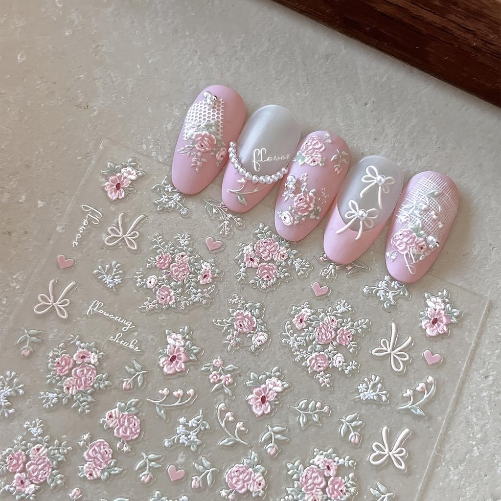 5D Elegant Pink Floral Nail Art Stickers - 3D Resin Flowers with Butterflies & Hearts, Perfect for Summer Manicures, Nail Art Decor
