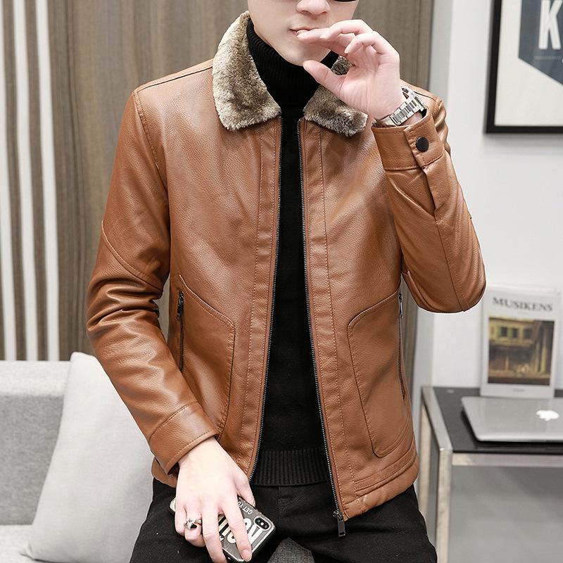 Men s Plush Leather Jacket Autumn and Winter New Korean Version Handsome Fur Collar Leather Jacket Warm and Trendy Clothes On The Brand M