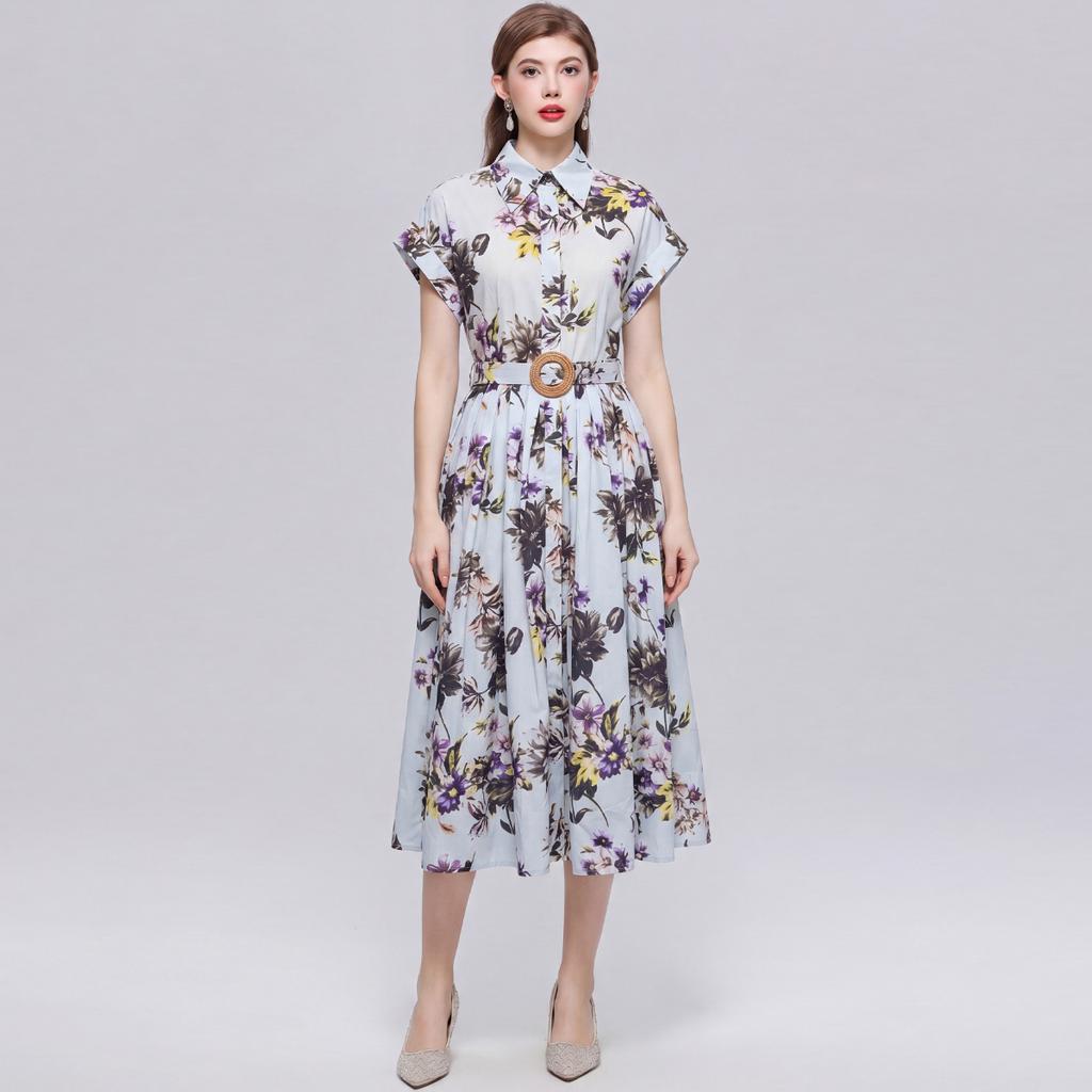 Summer Floral Print Shirt Dress for Women Short Sleeve Maxi Sundress with Lapel Neck Buttons Vintage Fashion Belted Robe