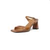 Square Head High-heeled Slippers Women's Summer Outer Wear 2025 Summer New Open-toed Thick Heel One-word Drag Soft Leather Soft-soled Sandals