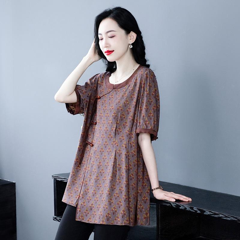 

2025 Летняя мода для полных женщин с цветочным принтом, свободный топ с коротким рукавом для женщин среднего и пожилого возраста 6XL (220-240 jin) цветочный