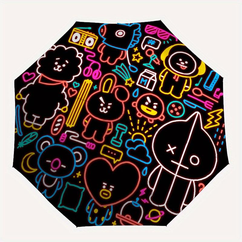 

1pc BT21 Merchandise Automatic Folding Umbrella, Portable Collapsible Design, 8-Rib Iron Frame, All-Season Casual Outdoor Accessory for Christmas Birt