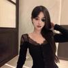 Lace splicing long-sleeved knitted sweater women's autumn and winter new sexy pure desire slim short inner