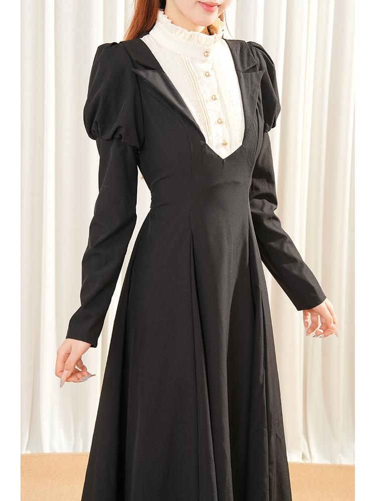 Gothic Lolita Retro Schwarz Farbblock Puffärmel Taillenbetonendes Langes Kleid