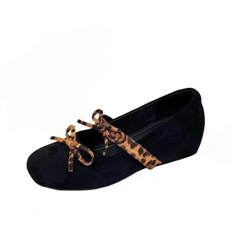 

Retro single shoes women s suede round head light mouth leopard print bow inner height increase Mary Jane ballet shoes 40