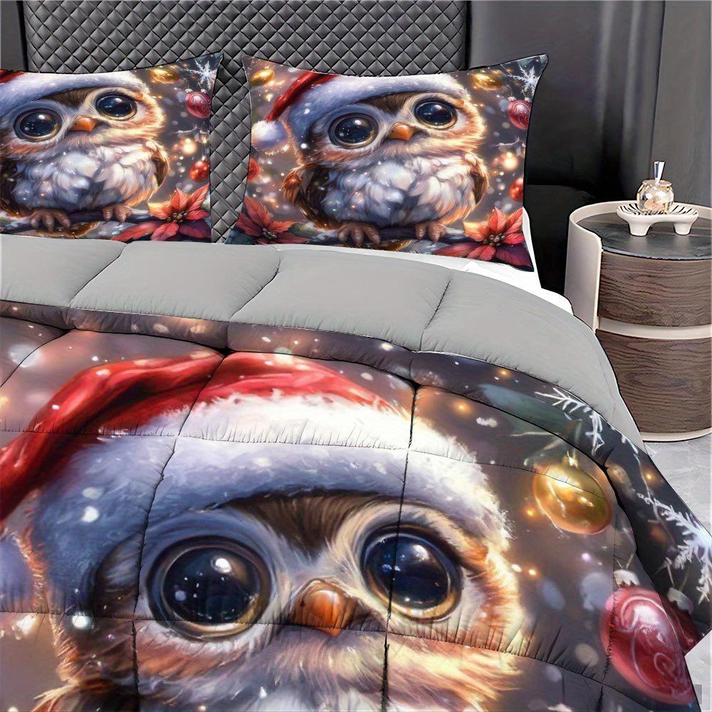 3 Pcs Christmas Owl Quilt Set Thick Blanket Set Festive Comforter Bedding Set 1 Quilt + 2 Pillowcases Holiday Gift Idea