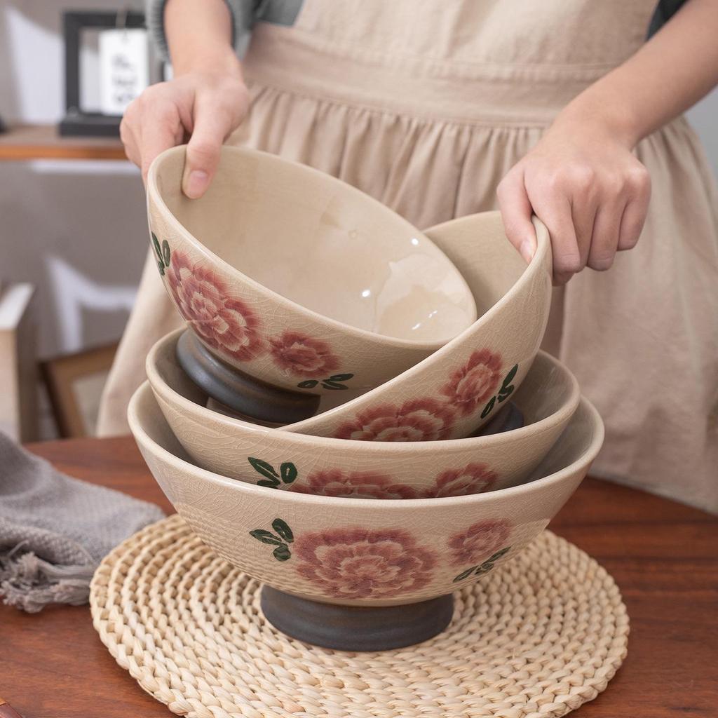 Retro Hand-Painted Floral Ceramic Noodle Bowl - Large Chinese Style Soup/Rice Bowl with Underglaze Color