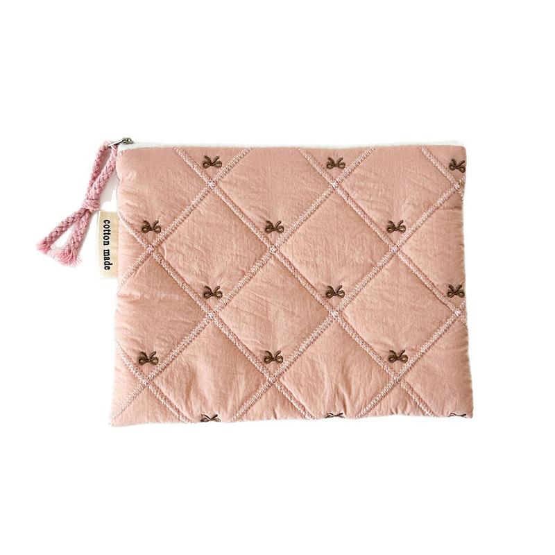 Quilted Design Cosmetic Bag Embroidered Bow Large Capacity Stationery Bag Multifunctional Pen Bag