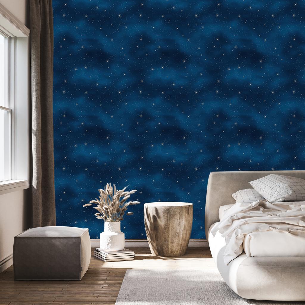Watercolor Galaxy Wallpaper Navy Blue and Blue, Dark Tone 50x1000