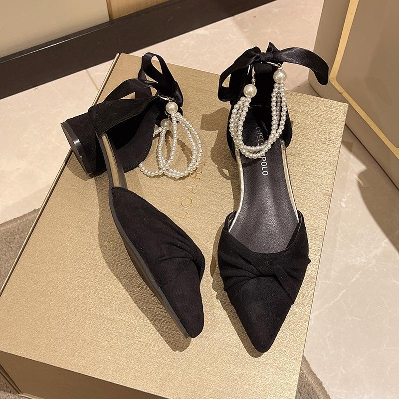 Baotou sandals women's medium heel summer new pearl bow thick heel pointed high heel single shoes