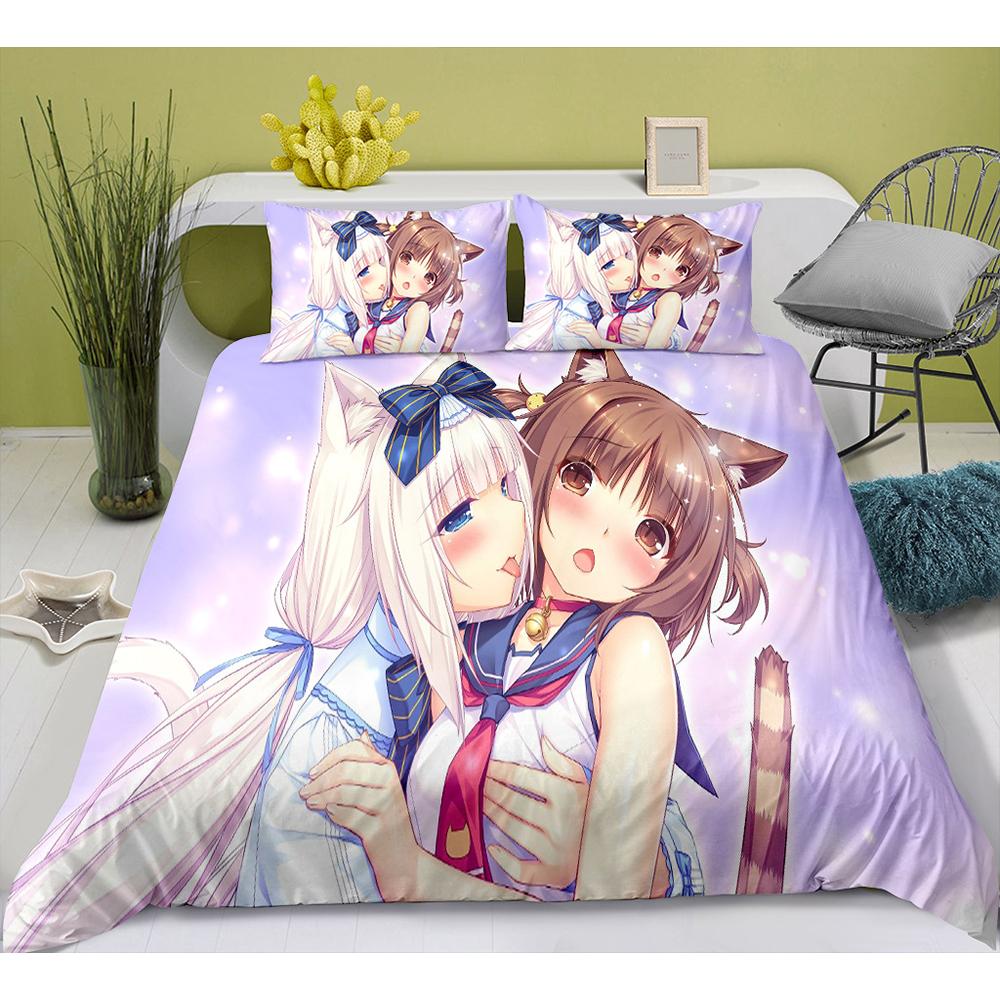 Cute Anime Cat Maid Pattern NEKOPARA 3pcs Bedding Set Game Printing Duvet Cover and Pillowcase Bedroom Decorate for Otaku Teens
