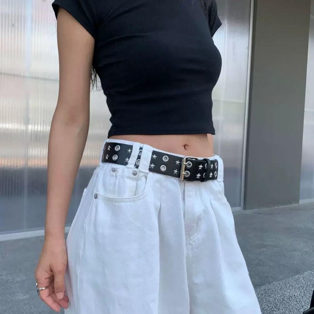 PU Leather Double Row Buckle Waistband Metal Y2K Belt Cool Men Belt  Female
