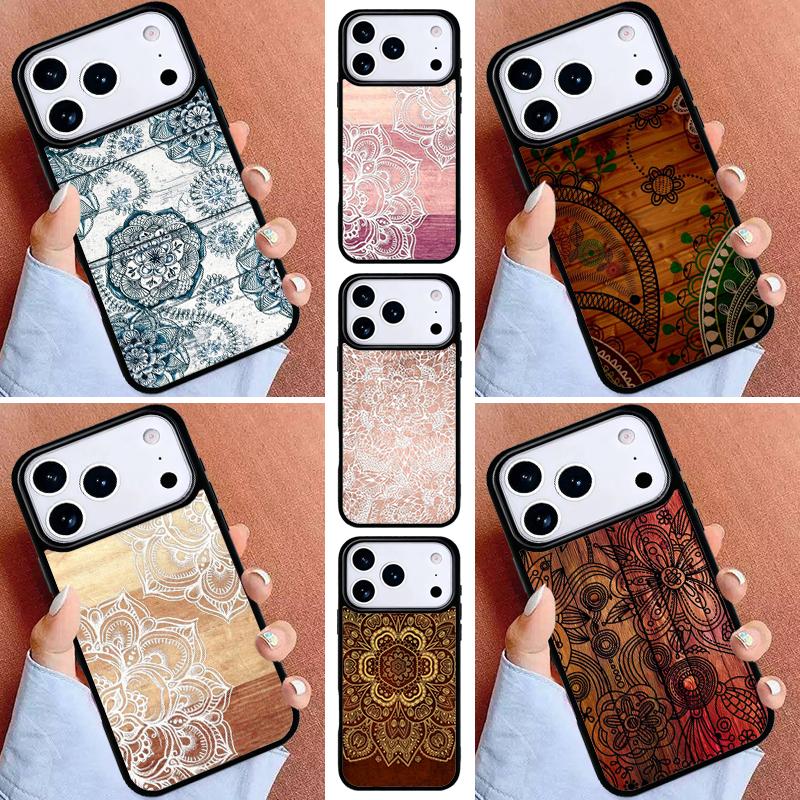 Mandala Floral Wood Phone Case for iPhone 17ProMax 12 13 14 15 16e 17 Pro Max Plus Air Cover