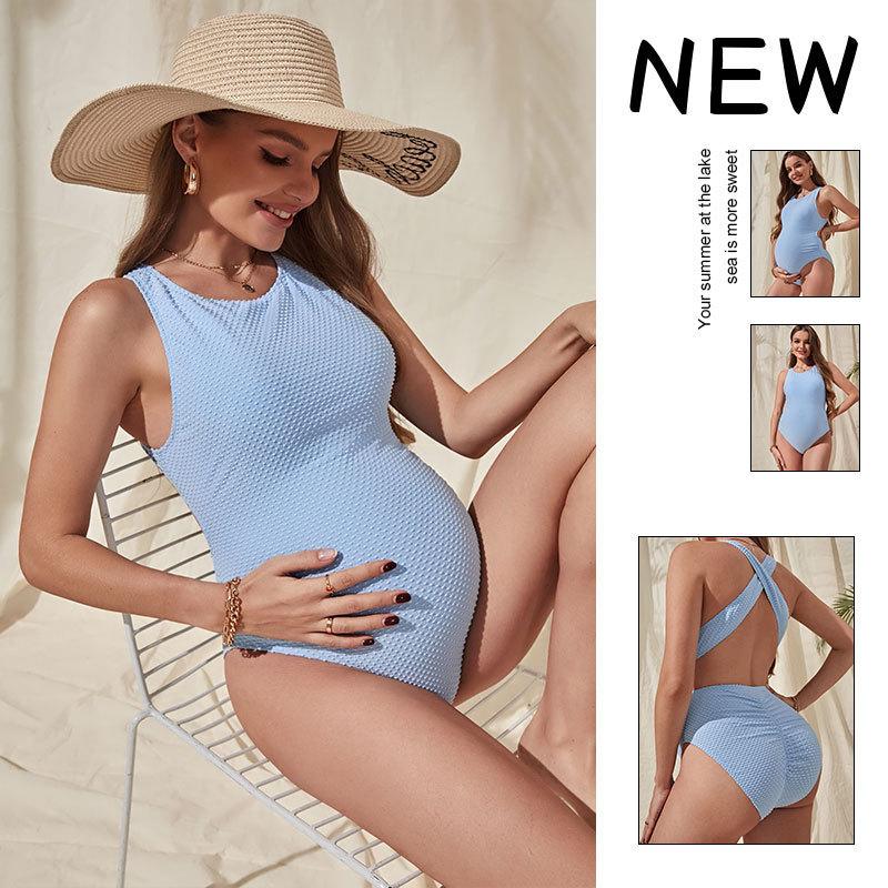 Women’s Maternity One-Piece Swimsuit, Solid Color Double Strap Loose-Fit Backless Pregnancy Swimwear