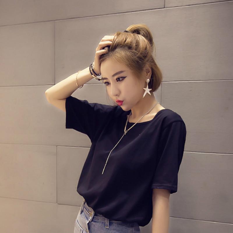 

Summer New Round Neck Backless Short-sleeved T-shirt Female Solid Color Loose Bottoming Shirt чорний
