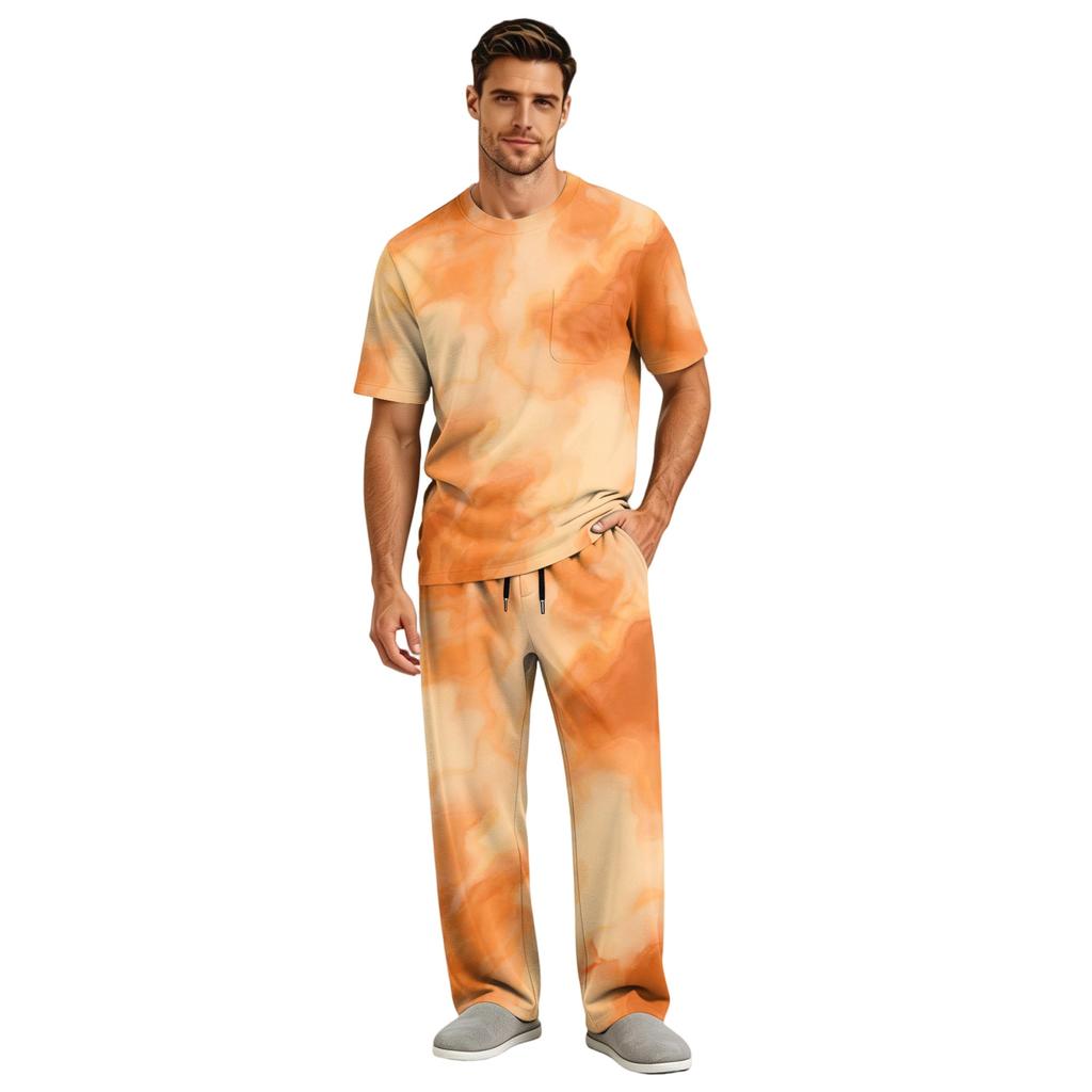 Men's Home Pajama Set, Short Sleeve Top and Long Pants with Button Fly and Drawstring Waist