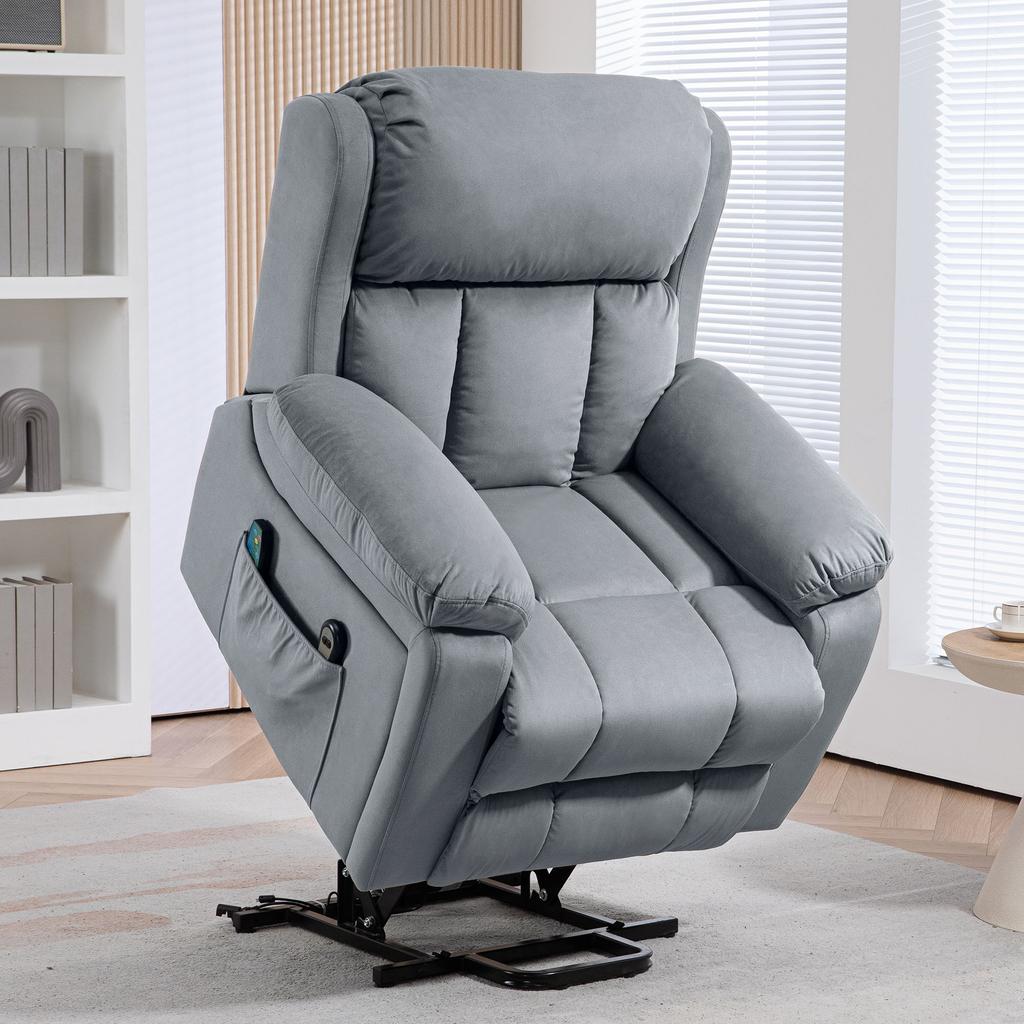 Lifting Recliner Chair With 8 Point Massage Function Heating Remote Control And Side Pocket Gray