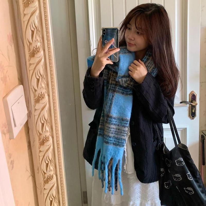 

Blue Scarf Cute Thick Striped Checkered Women S Autumn And Winter Warm Scarf красный