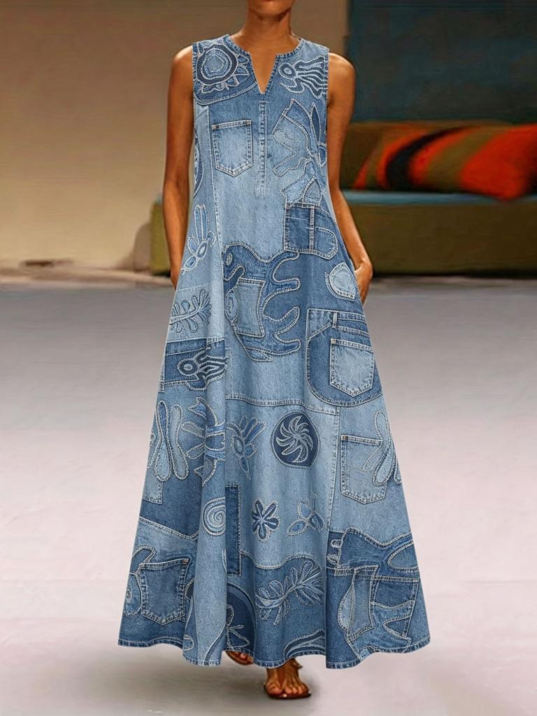 Retro Floral Color Matching Printing V-neck Sleeveless Loose Pendulum Long Dress