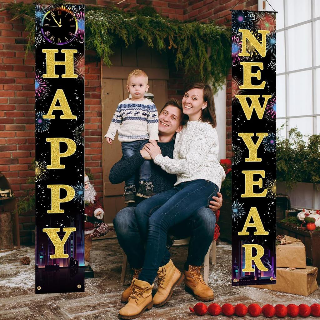 Happy New Year Door Banner Porch Signs Welcome Banner for Home Holiday Winter 2025 New Year Eve Party Supplies Backdrop Hanging Decor Yard Sign for