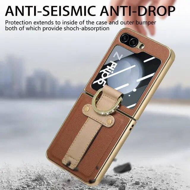 Anti-Knock Portable Bling Ring Case for Samsung Galaxy Z Flip 5 Flip4 Flip5 Flip 4 5G Leather Cell Phone Cover Glass Film