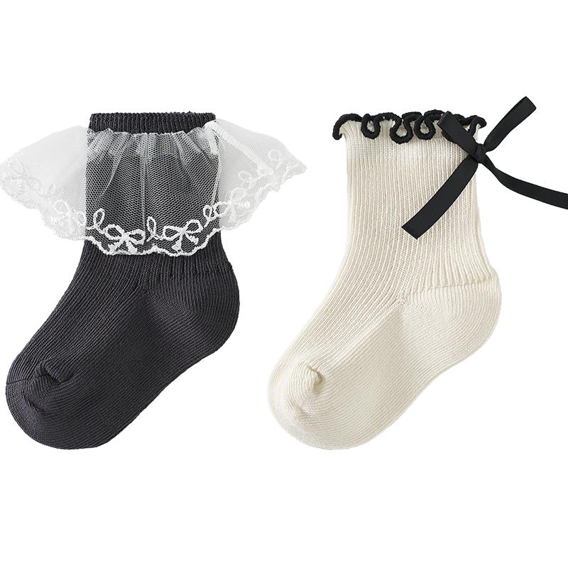 

TONGTAI Baby Girls Mid-Calf Lace Bow Socks S