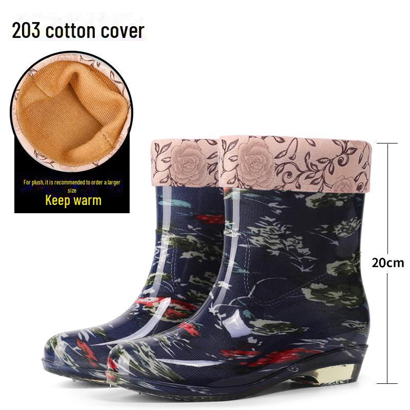 Women's Floral Crystal Rain Boots: Mid-Tube, Thick Rubber, Transparent Sole, Waterproof Kitchen Shoes