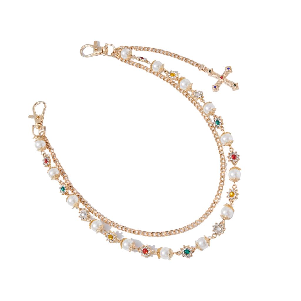 Elegant Crossed Pendant Waist Chain Imitation Pearls Pants Chain Accessory Jewelry For Stylish Outfit Enhancement