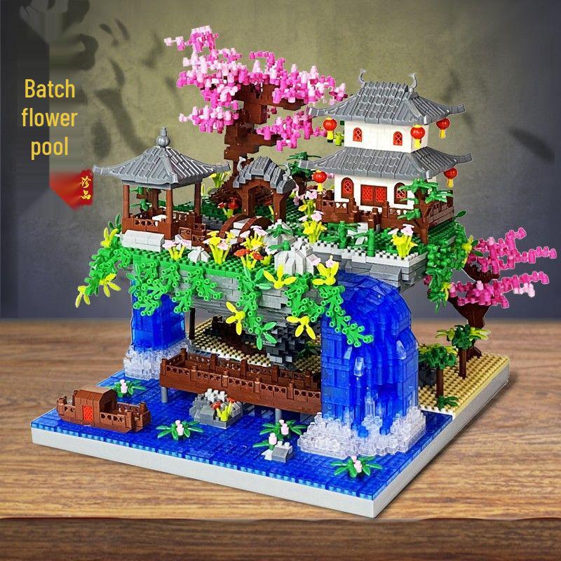 Fairy Pavilion Cherry Blossom Treehouse with Peach Blossom Pond - Creative Ancient Style Building Block Ornament, Handmade Assembly Scene.