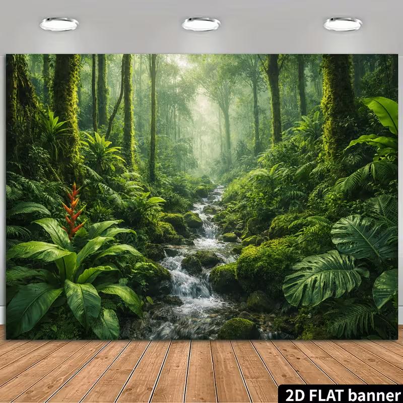 2D Enchanted Forest Mural with Mist and Tropical Plants Photo Background