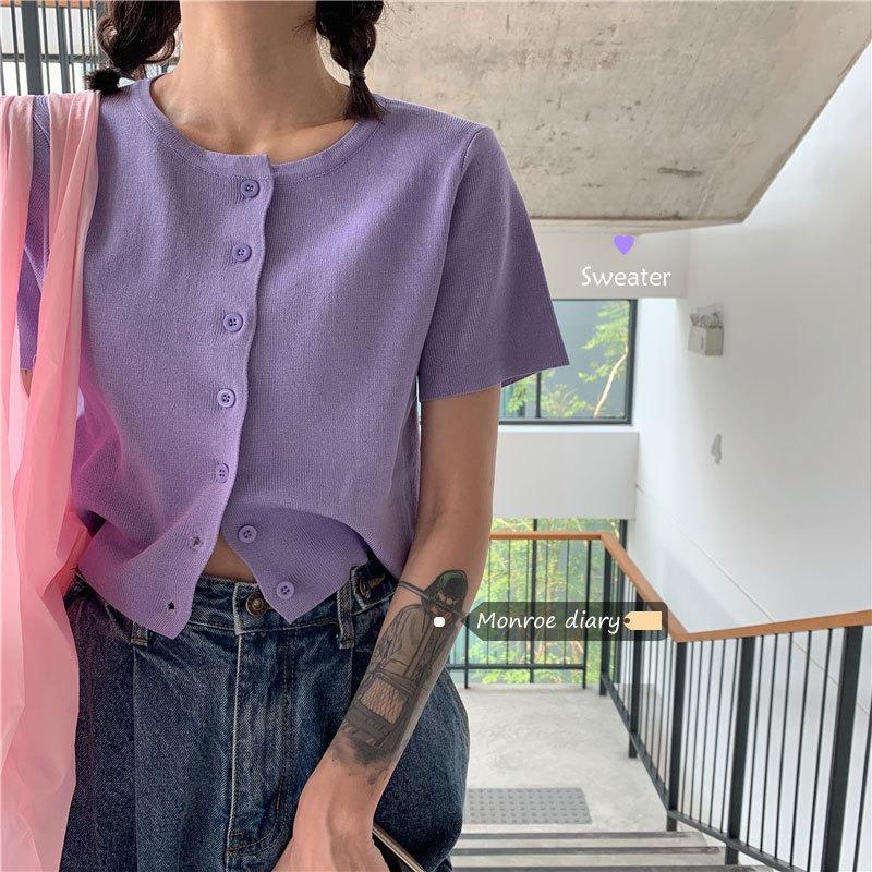 Summer Round Neck Solid Casual Fashion Tank Top Women Short Sleeve All-match Knitting Cardigan T-shirt Tee