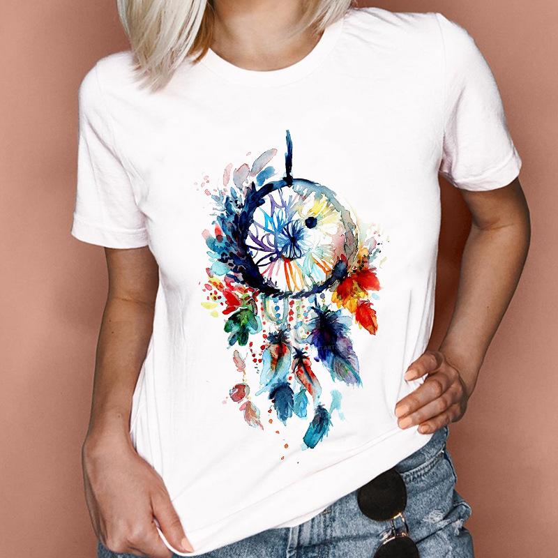 Fashion Feather Graphics Women T-Shirts Summer 90S Blouse Short Sleeve Tees O-Neck Female Tops Streetwear Y2K Clothing