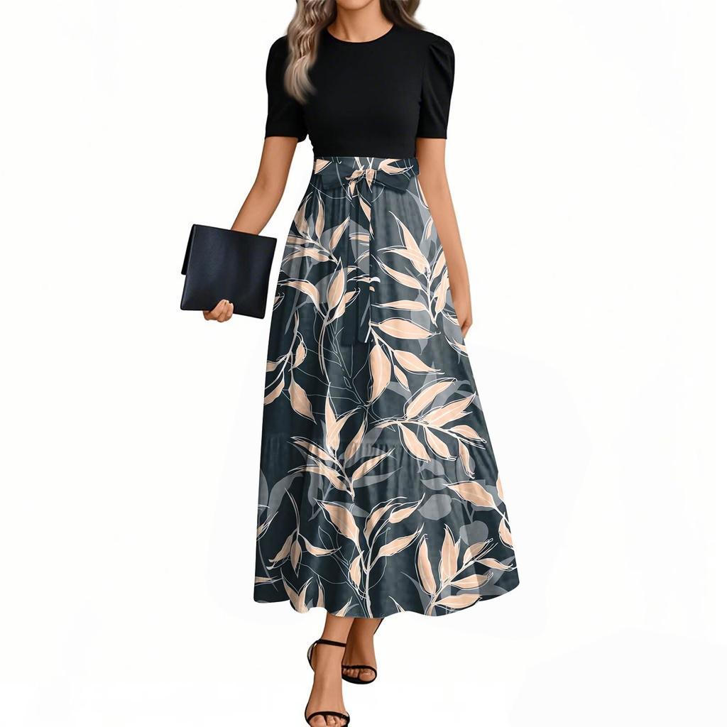 Women's Fashion Casual Belted Round Neck Short Sleeve Floral Patchwork Elegant Dresses