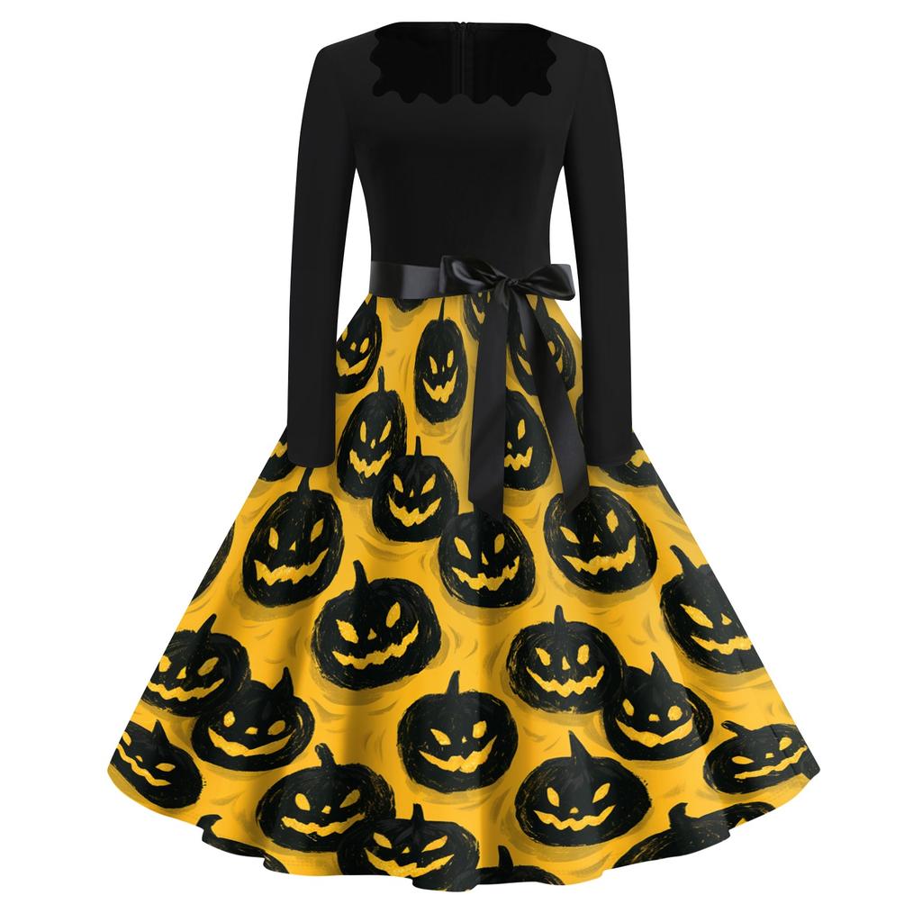 Women's Square Neck Retro Dress with Halloween Print for Casual Parties and Festive Occasions